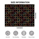 Size chart for a 9x12 ft (144 x 108 in) area rug, black with colorful outlined squares