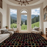 Living room with arched windows and a 9x12 ft area rug, black with colorful outlined squares