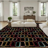 Living room with a cream sofa and a 9x12 ft area rug, black with colorful outlined squares