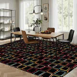 Dining room with a wooden table and chairs on a 9x12 ft area rug, black with colorful outlined squares