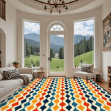 Living room with arched windows and a 9x12 ft area rug, orange, teal and navy vertical waves