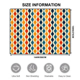 Size chart for a 9x12 ft (144 x 108 in) area rug, orange, teal and navy vertical waves