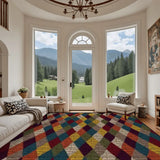 Living room with arched windows and a 9x12 ft area rug, burgundy, blue and mustard harlequin diamonds