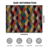 Size chart for a 9x12 ft (144 x 108 in) area rug, burgundy, blue and mustard harlequin diamonds