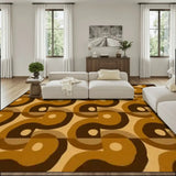Living room with a cream sofa and a 9x12 ft area rug, brown and mustard interlocking swirls