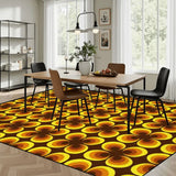 Dining room with a wooden table and chairs on a 9x12 ft area rug, brown with yellow and orange flower shapes