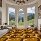 Living room with arched windows and a 9x12 ft area rug, brown and mustard interlocking swirls