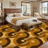 Bedroom with a wooden bed above a 9x12 ft area rug, brown and mustard interlocking swirls