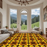 Living room with arched windows and a 9x12 ft area rug, brown with yellow and orange flower shapes