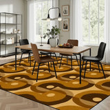 Dining room with a wooden table and chairs on a 9x12 ft area rug, brown and mustard interlocking swirls