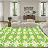 Living room with a cream sofa and a 9x12 ft area rug, bright green with white daisies