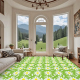 Living room with arched windows and a 9x12 ft area rug, bright green with white daisies