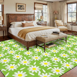 Bedroom with a wooden bed above a 9x12 ft area rug, bright green with white daisies