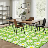 Dining room with a wooden table and chairs on a 9x12 ft area rug, bright green with white daisies