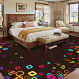 Retro brown colorful geometric large area rug 9x12 ft in a bedroom with a bed and bench