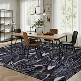Retro dark academia black purple botanical large area rug 9x12 ft under a dining table with black chairs