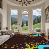 Retro brown colorful geometric large area rug 9x12 ft in a living room with arched windows and a mountain view