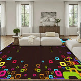 Retro brown colorful geometric large area rug 9x12 ft in a living room with a cream sofa