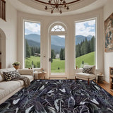 Retro dark academia black purple botanical large area rug 9x12 ft in a living room with arched windows and a mountain view