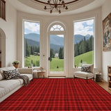 Living room with arched windows and a 9x12 ft area rug, red and black plaid