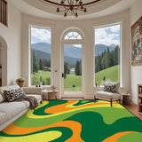 Living room with arched windows and a 9x12 ft area rug, wavy green, orange and lime swirls