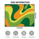 Size chart for a 9x12 ft (144 x 108 in) area rug, wavy green, orange and lime swirls