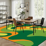 Dining room with a wooden table and chairs on a 9x12 ft area rug, wavy green, orange and lime swirls