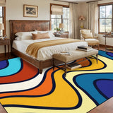 Bedroom with a wooden bed above a 9x12 ft area rug, wavy blue, orange and cream stripes