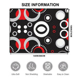 Size chart for a 9x12 ft (144 x 108 in) area rug, black with red, white and gray circles