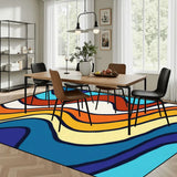 Dining room with a wooden table and chairs on a 9x12 ft area rug, wavy blue, orange and cream stripes