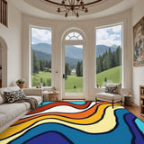 Living room with arched windows and a 9x12 ft area rug, wavy blue, orange and cream stripes