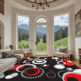 Living room with arched windows and a 9x12 ft area rug, black with red, white and gray circles