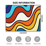 Size chart for a 9x12 ft (144 x 108 in) area rug, wavy blue, orange and cream stripes