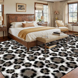 Retro snow leopard print large area rug 9x12 ft in a bedroom with a bed and bench