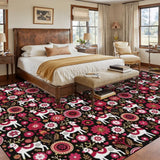 Red and white folk floral Christmas rug – detail