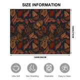 Size chart for a 9x12 ft (144 x 108 in) area rug with rust-brown autumn leaves on near-black
