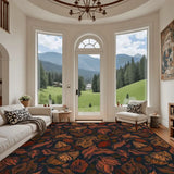 Living room with arched windows and mountain view above a 9x12 ft rug with rust-brown autumn leaves