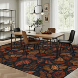 Dining room with a wooden table and black chairs on a 9x12 ft rug with rust-brown autumn leaves