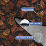 Close-up of the rust-brown leaf pattern rug with a folded corner showing fine stitching and non-slip backing