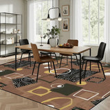 Brown geometric area rug under a wooden dining table with black chairs