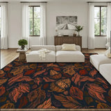 Living room with a cream sofa and a 9x12 ft area rug, rust-brown autumn leaves on near-black