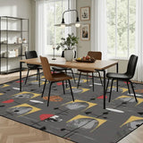 Gray atomic-pattern area rug under a wooden dining table with black chairs