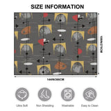 Size chart of gray atomic-pattern area rug showing 144 x 108 in (366 x 275 cm)
