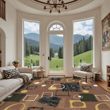 Brown geometric area rug in a bay-window room with mountain view and sofa