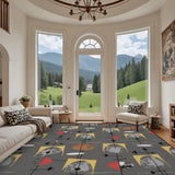 Gray atomic-pattern area rug in a bay-window room with mountain view and sofa