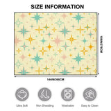 Size chart for a 9x12 ft (144 x 108 in) area rug, cream with teal, orange and pink starbursts