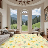Living room with arched windows and a 9x12 ft area rug, cream with teal, orange and pink starbursts