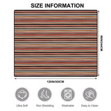 Size information chart for the striped rug with ultra soft, non-shedding, washable and easy-clean icons