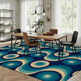 Large Blue 70s Retro Rug 12x9 ft – Midcentury Plush Non-Slip Area Rug - retro rug