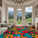 Large Floral Midcentury Retro Rug 12x9 ft – Soft 70s Style Non-Slip Carpet - retro rug